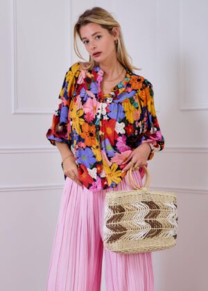 Blouse April Vintage fleurs multicolores manches mi longues