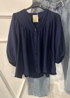 Blouse April Vintage uni bleu marine manches mi longues