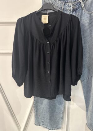 Blouse April Vintage uni noir manches mi longues