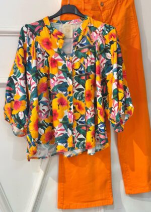 Blouse April Vintage motif fleurs orange multicolores manches mi longues