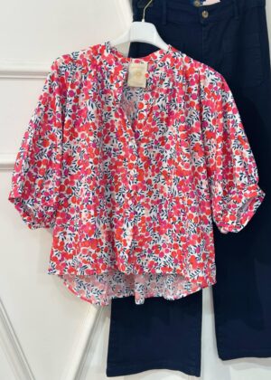 Blouse April Vintage liberty rouge et rose manches mi longues