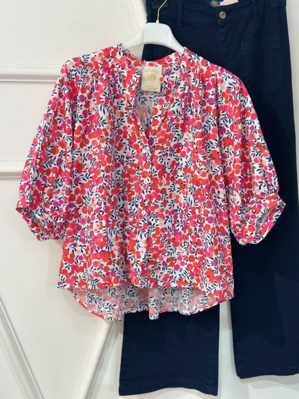Blouse April Vintage liberty rouge et rose manches mi longues