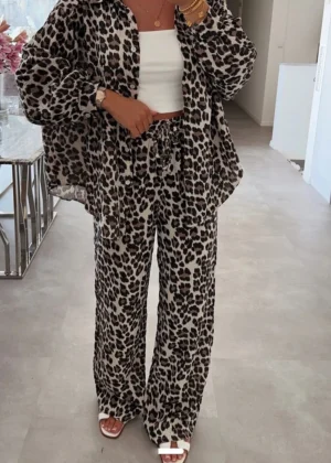 Pantalon gaze de coton léopard marron