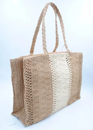 Sac en paille bicolore camel avec fermetures bohème