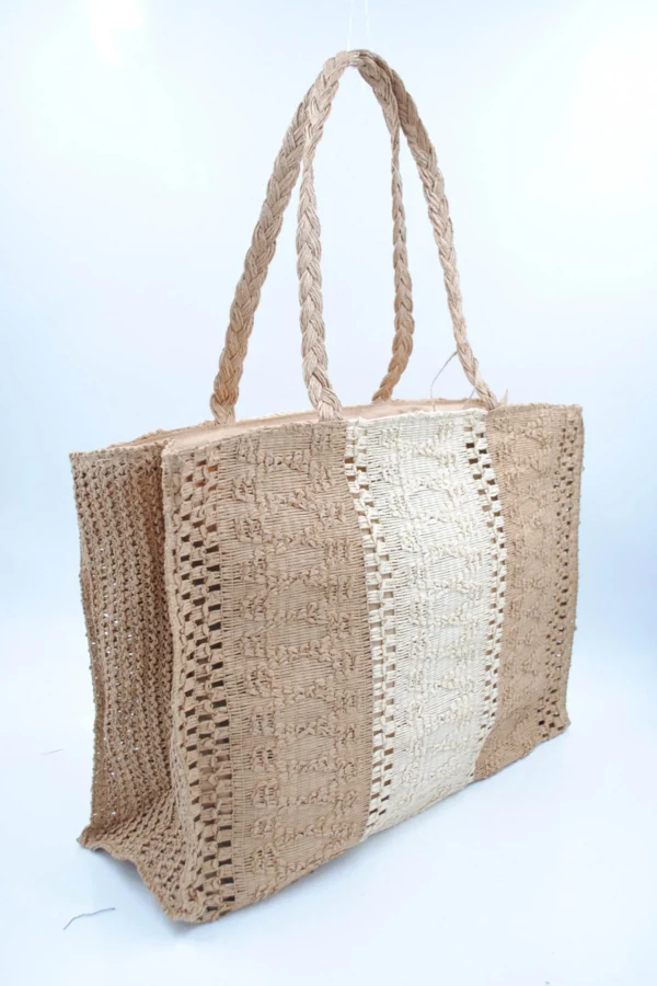 Sac en paille bicolore camel avec fermetures bohème
