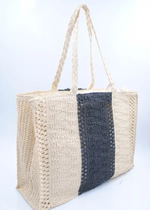 Sac en paille bicolore avec fermetures noir bohème