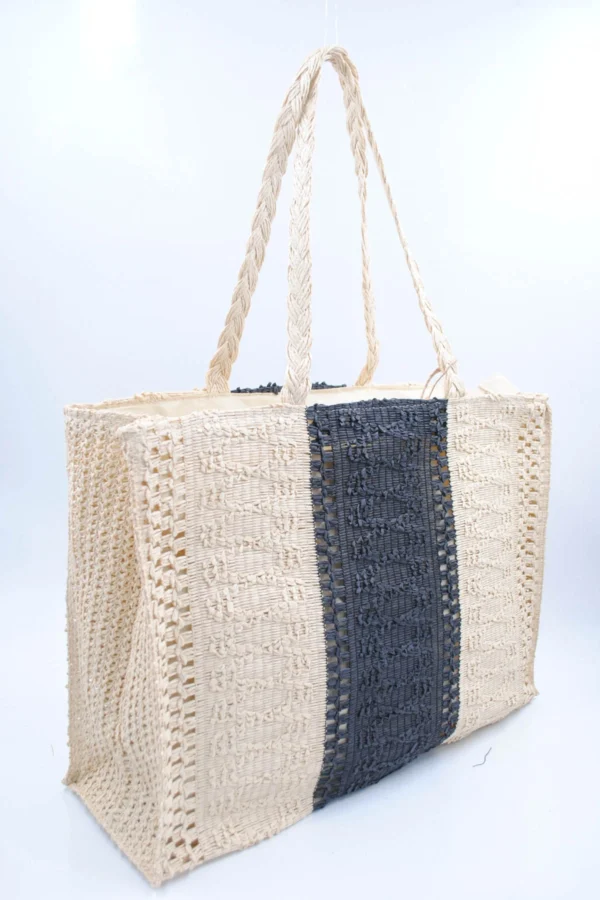 Sac en paille bicolore avec fermetures noir bohème