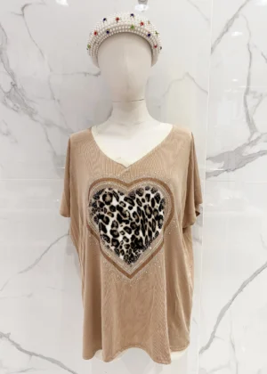 Tee-shirt grande taille coeur leopard strass camel