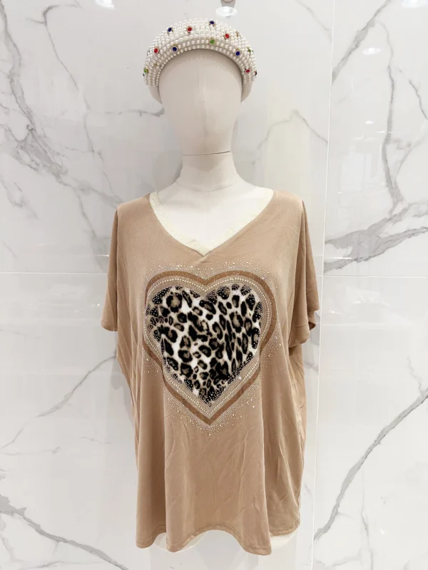 Tee-shirt grande taille coeur leopard strass camel