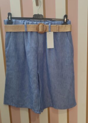 Bermuda lin bleu jeans avec ceinture élastique