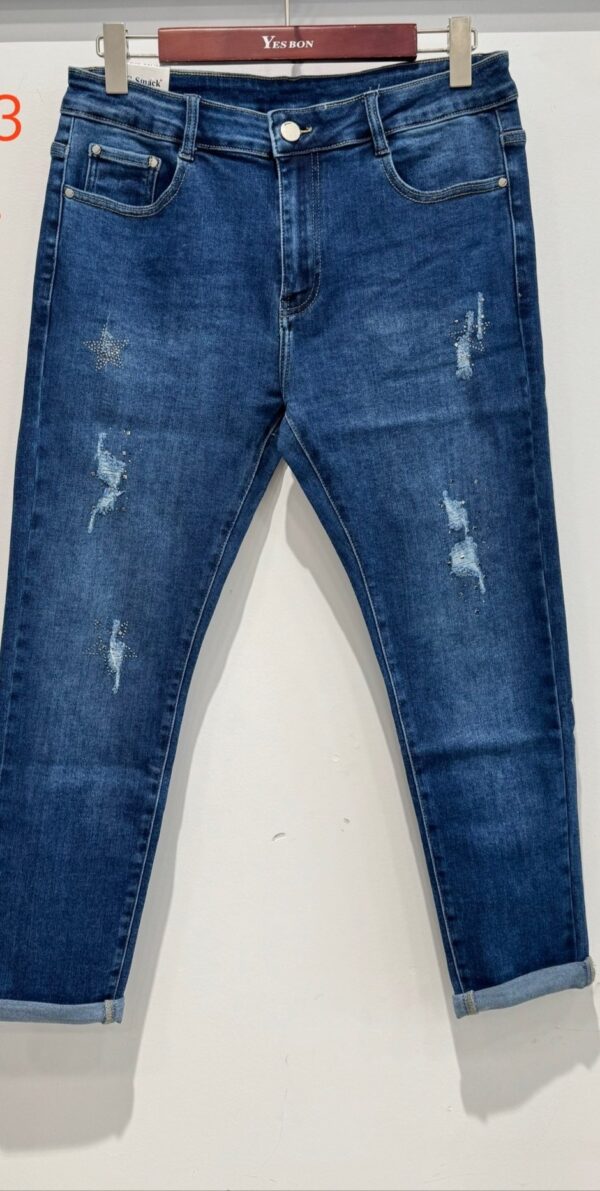 Jeans grande taille bleu foncé déchiré avec strass étoile