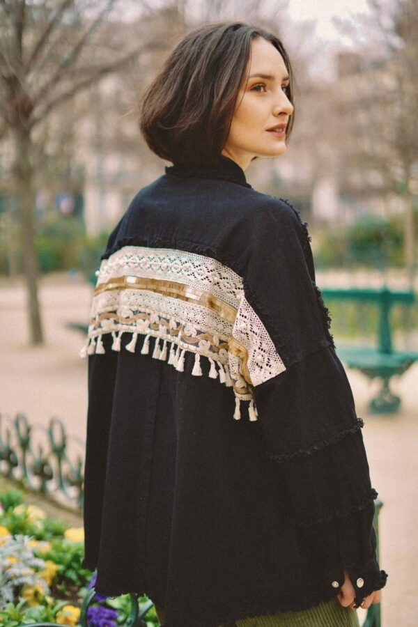 Veste bohème oversize noir et dentelle destroy taille unique
