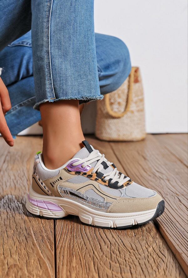 Baskets imprimé animal beige et mauve