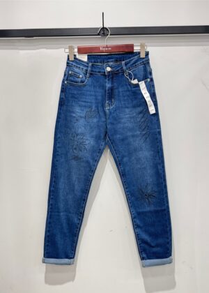 Jeans bleu stretch motifs noirs