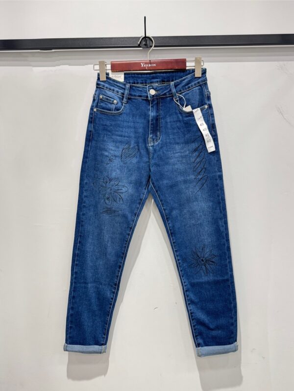 Jeans bleu stretch motifs noirs