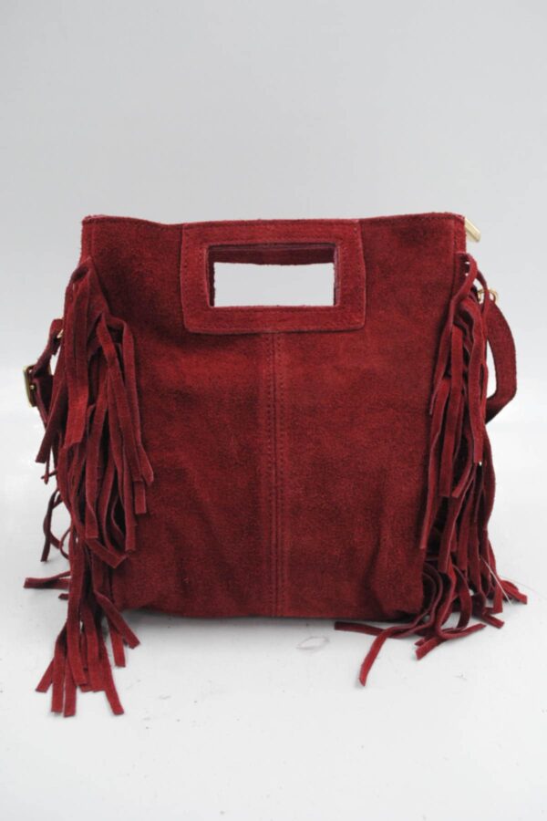 Sac à franges en cuir véritable bordeaux – Image 2
