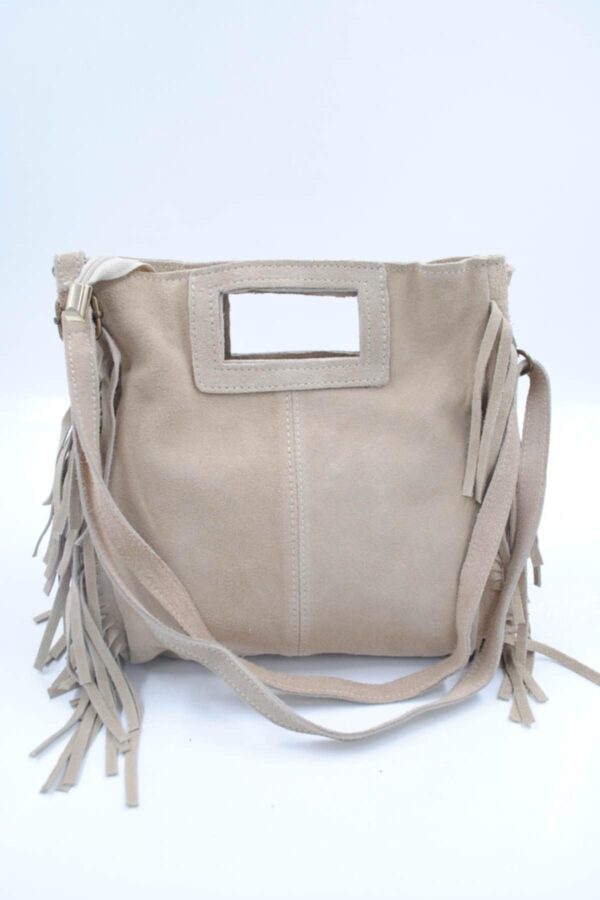 Sac à franges en cuir véritable beige