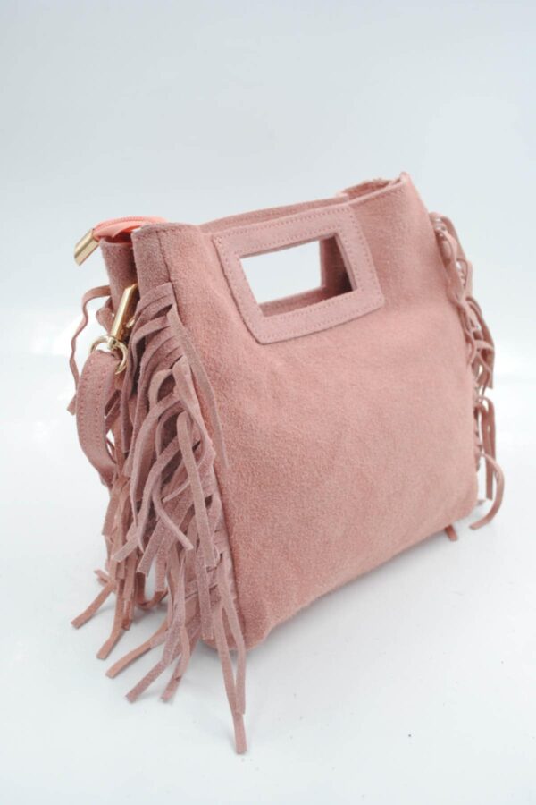 Sac à franges en cuir véritable rose clair – Image 4