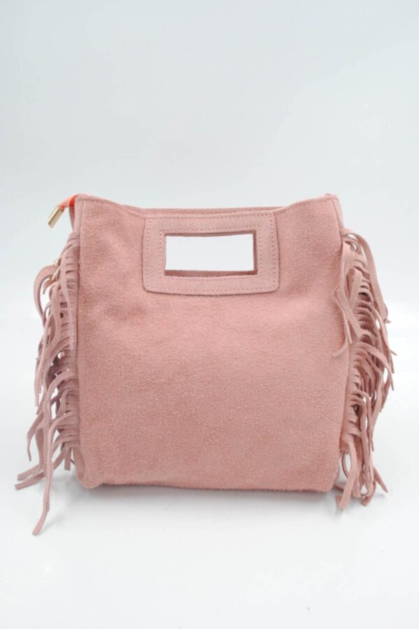 Sac à franges en cuir véritable rose clair – Image 3