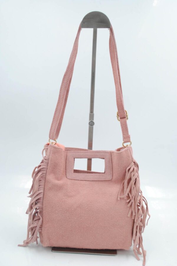 Sac à franges en cuir véritable rose clair – Image 2