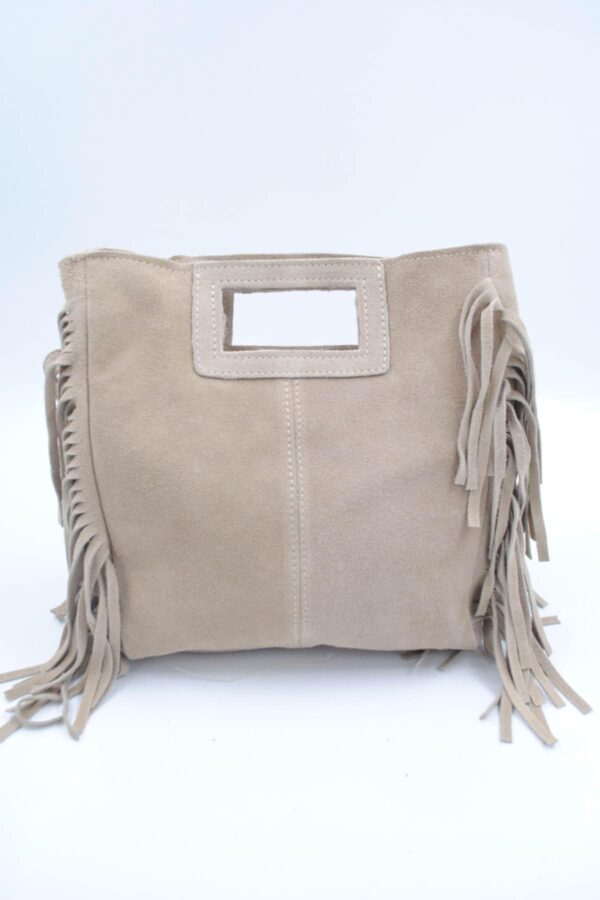 Sac à franges en cuir véritable beige – Image 3