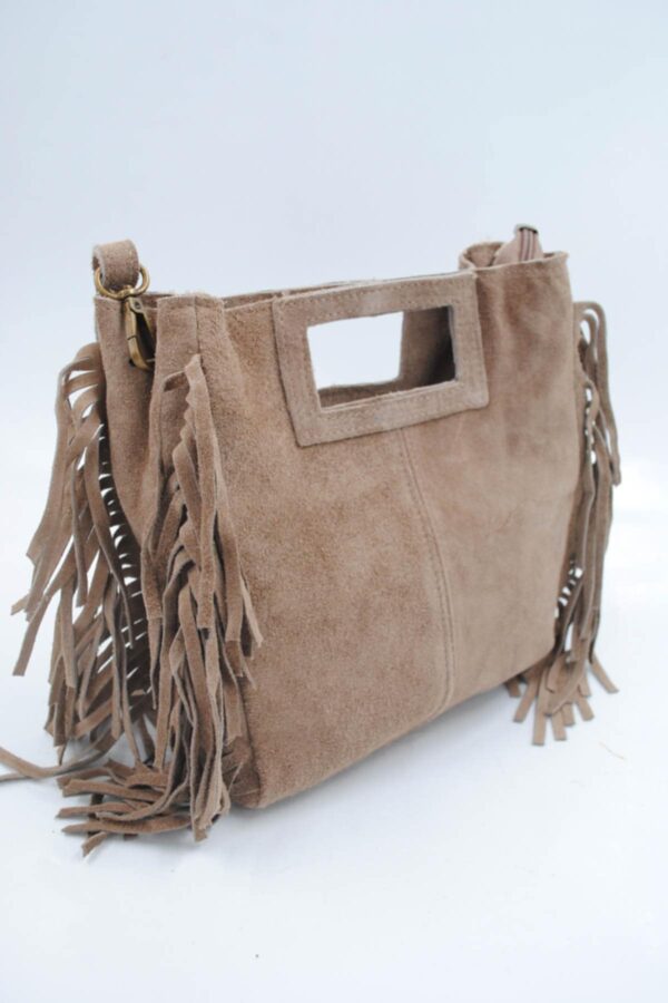 Sac à franges en cuir véritable taupe – Image 5