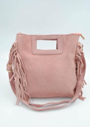 Sac à franges en cuir véritable rose clair
