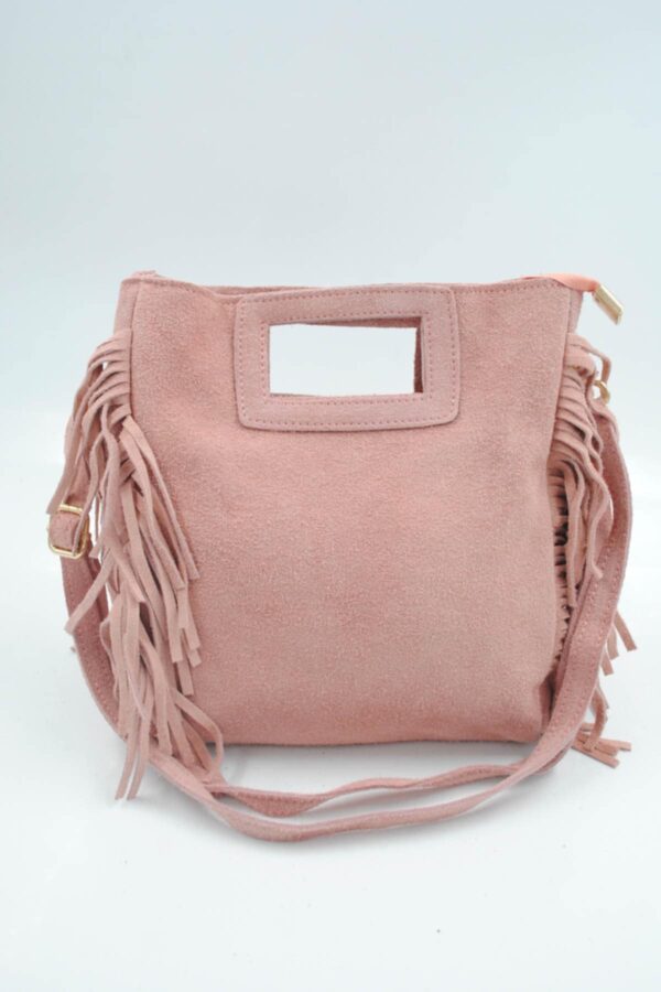 Sac à franges en cuir véritable rose clair