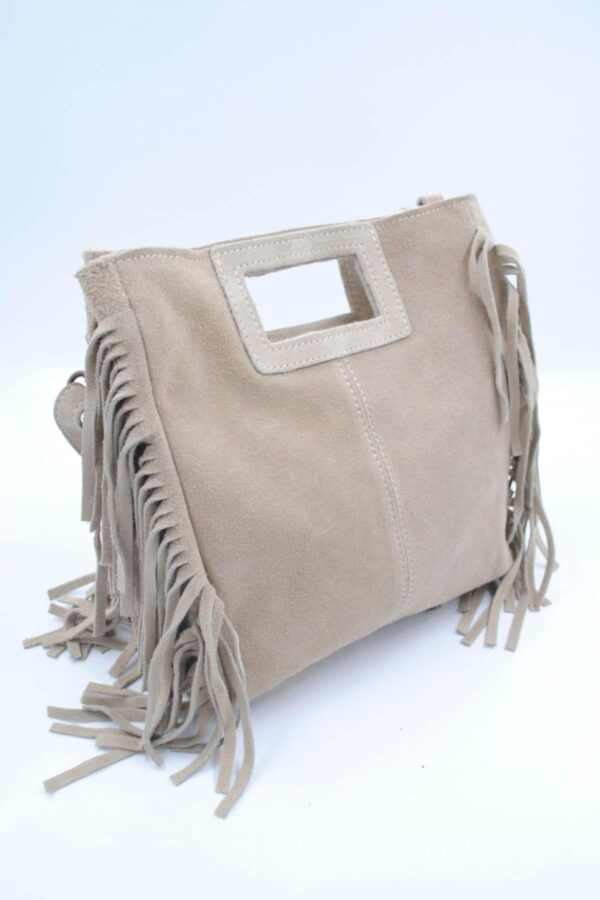 Sac à franges en cuir véritable beige – Image 2