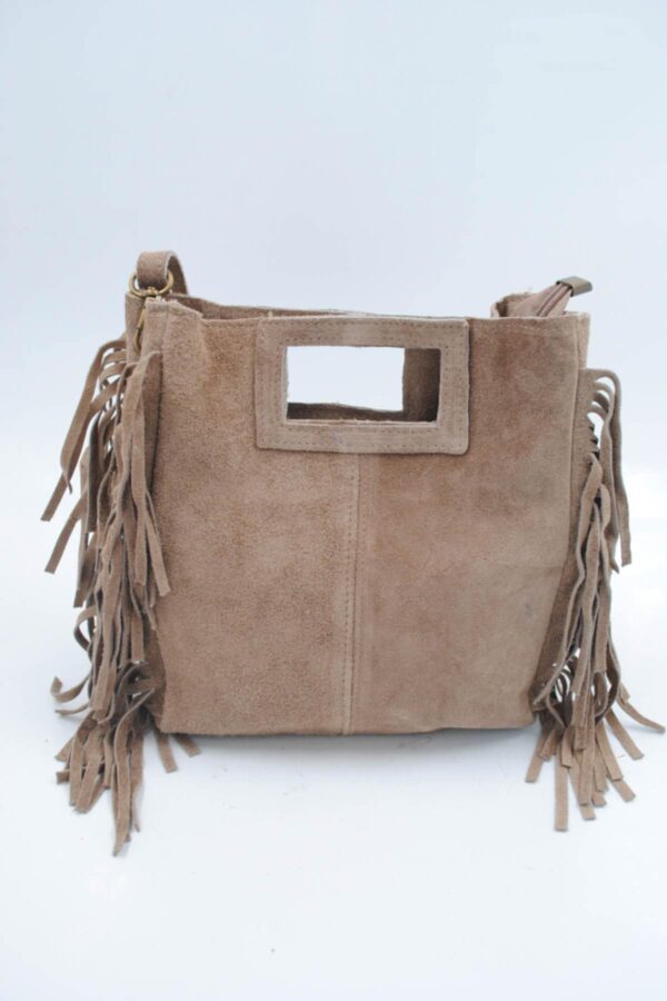 Sac à franges en cuir véritable taupe – Image 2