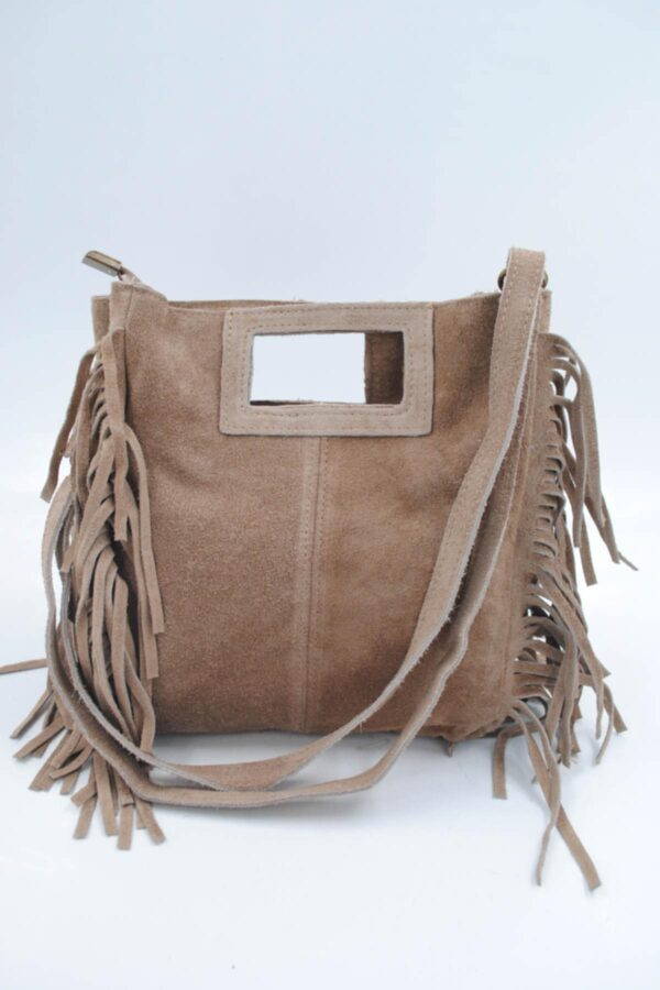Sac à franges en cuir véritable taupe