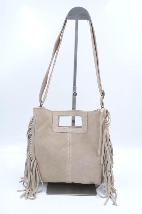 Sac à franges en cuir véritable beige – Image 4