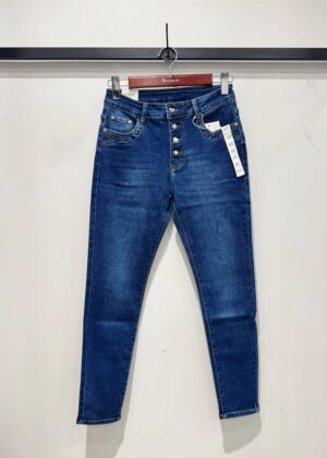 Jeans grande taille boutons décoratifs bleu stretch