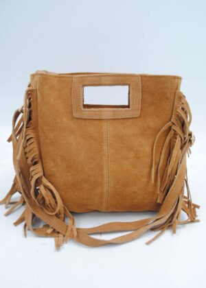 Sac à franges en cuir véritable camel