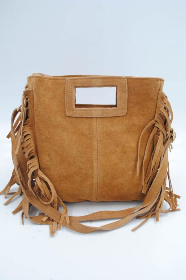 Sac à franges en cuir véritable camel