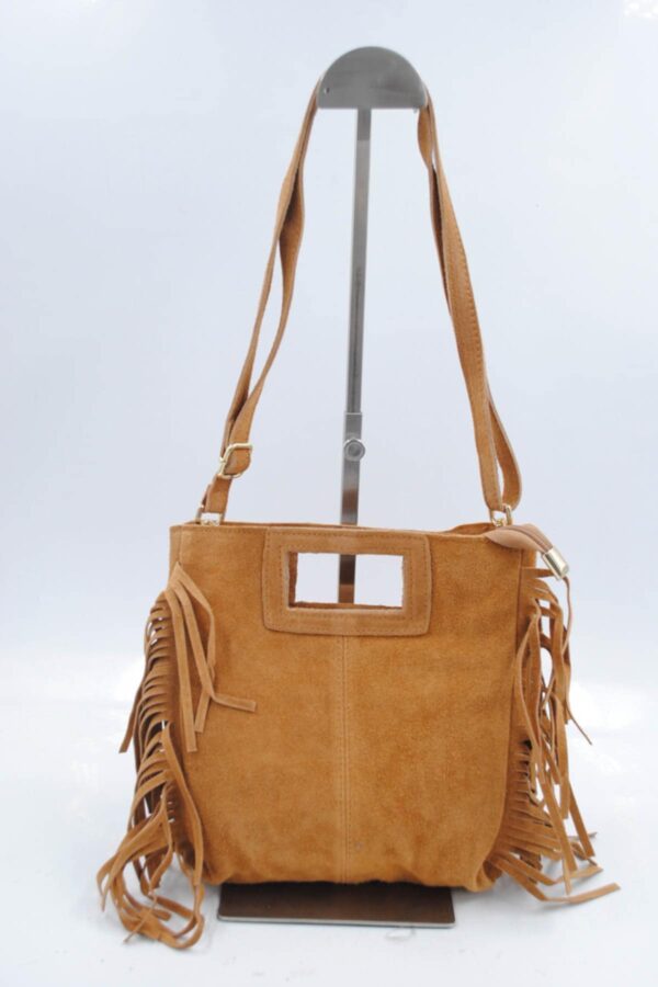 Sac à franges en cuir véritable camel – Image 3