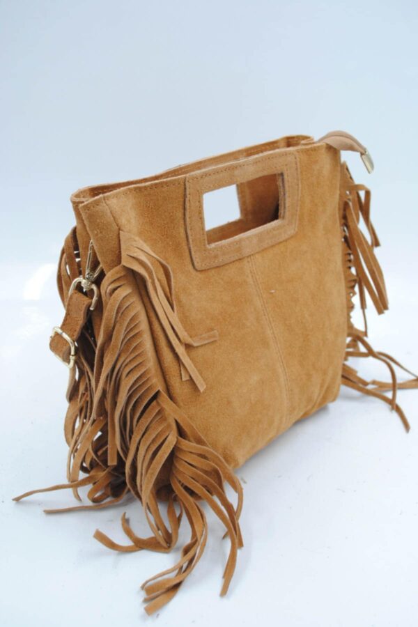 Sac à franges en cuir véritable camel – Image 2