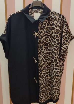 Blouse grande taille chemisier bicolore noir et léopard