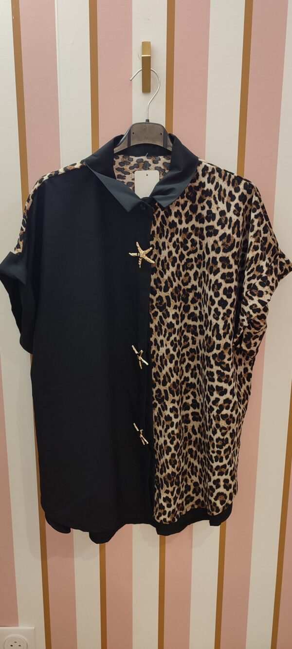 Blouse grande taille chemisier bicolore noir et léopard