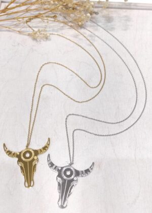 Sautoir collier doré tête de buffle acier inoxydable