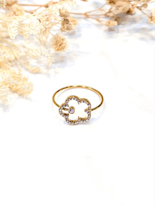Bague fleur strass réglable doré acier inoxydable