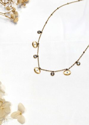 Collier oeils charms doré acier inoxydable et zircon