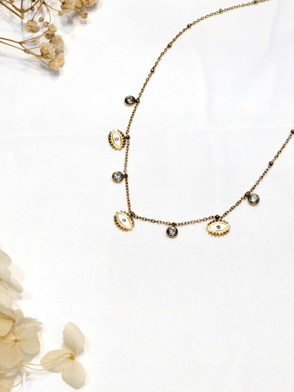 Collier oeils charms doré acier inoxydable et zircon