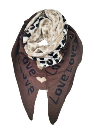 Echarpe léopard et coeurs en triangle  beige et noir