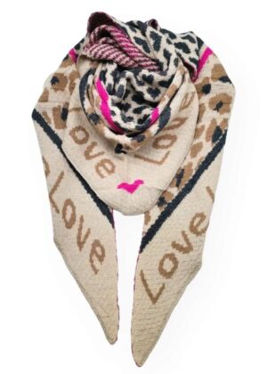 Echarpe léopard et coeurs en triangle rose et beige