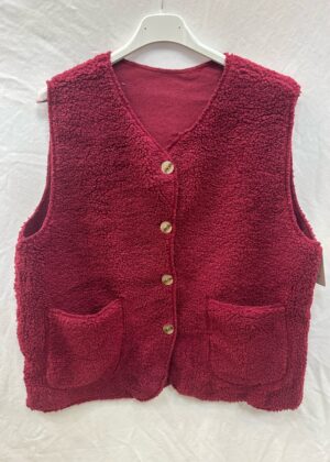 Gilet sans manche moumoute poches et boutons bordeaux