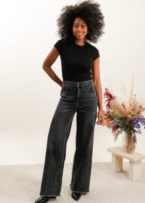 Jeans wide leg effiloché gris foncé large