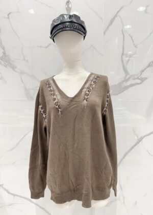 Pull col v grande taille  fin et doux strass léopard