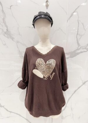 Pull grande taille choco col v dentelle coeur leopard