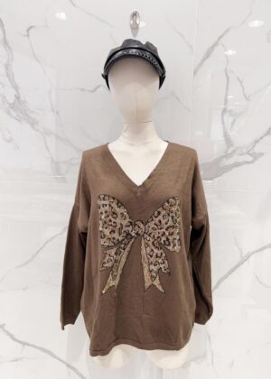Pull grande taille marron noeud strass léopard
